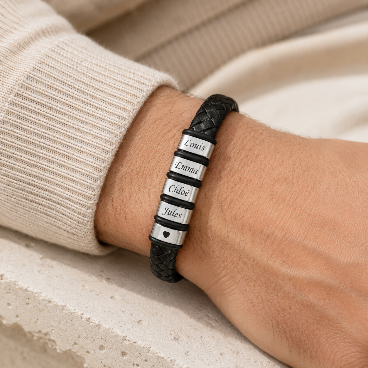Bracelet Papa Personnalisé - cuir tressé noir & acier