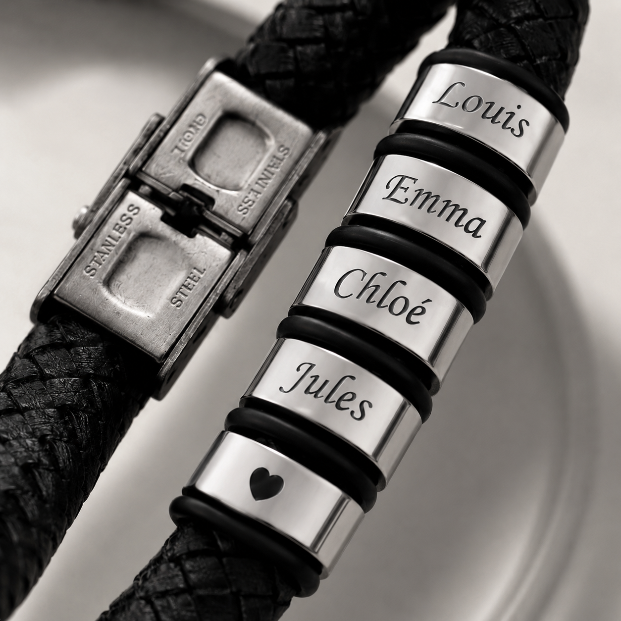 Bracelet Papa Personnalisé - cuir tressé noir & acier
