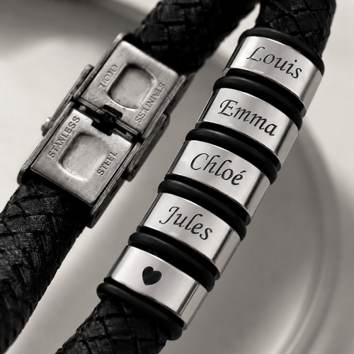 Bracelet Papa Personnalisé - cuir tressé noir & acier