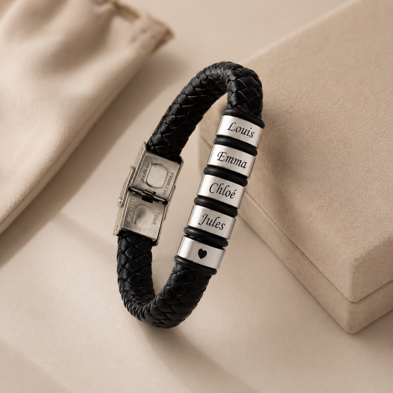 Bracelet Papa Personnalisé - cuir tressé noir & acier
