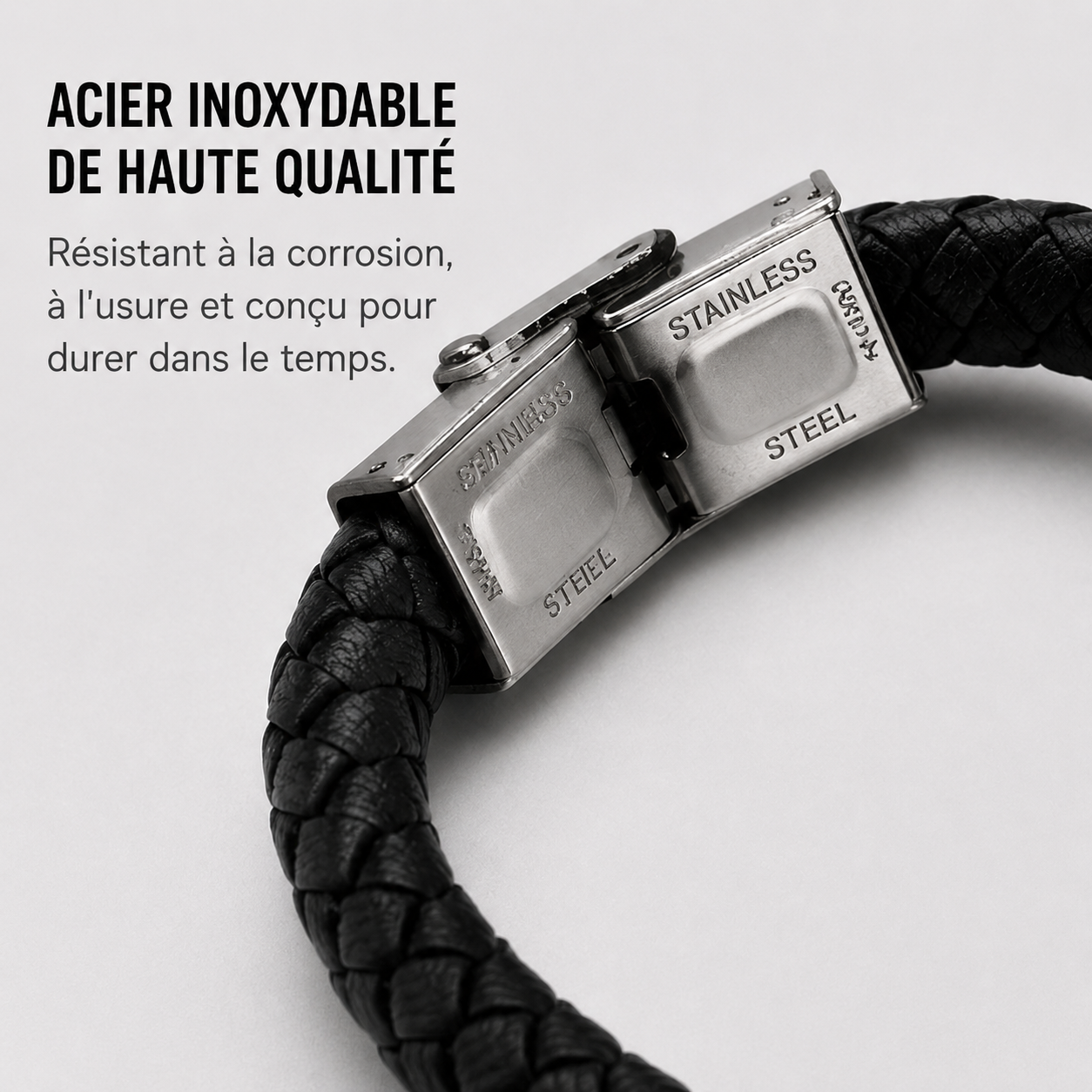 Bracelet Papa Personnalisé - cuir tressé noir & acier