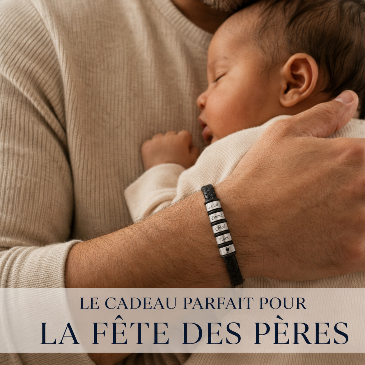 Bracelet Papa Personnalisé - cuir tressé noir & acier
